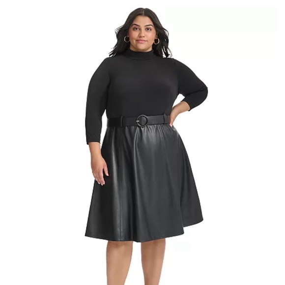 Calvin Klein Dresses & Skirts - Calvin Klein long-sleeve black dress faux leather skirt matching belt. Size 16